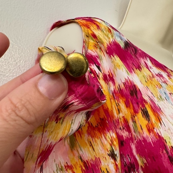 Como M Abstract Floral Belted Tunic Top, Vibrant Pink Yellow Print, Size M - Picture 6 of 11